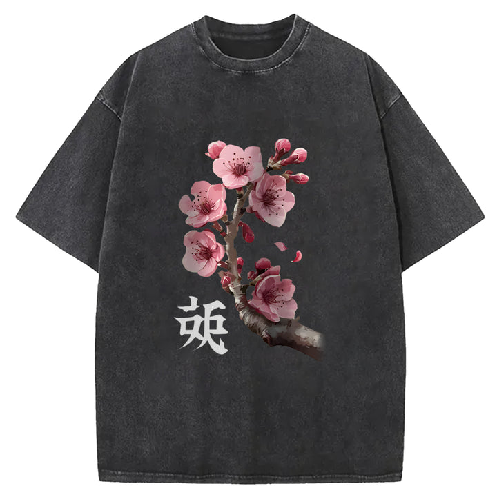 Cherry Blossom Branches Washed Crew Neck T-Shirt