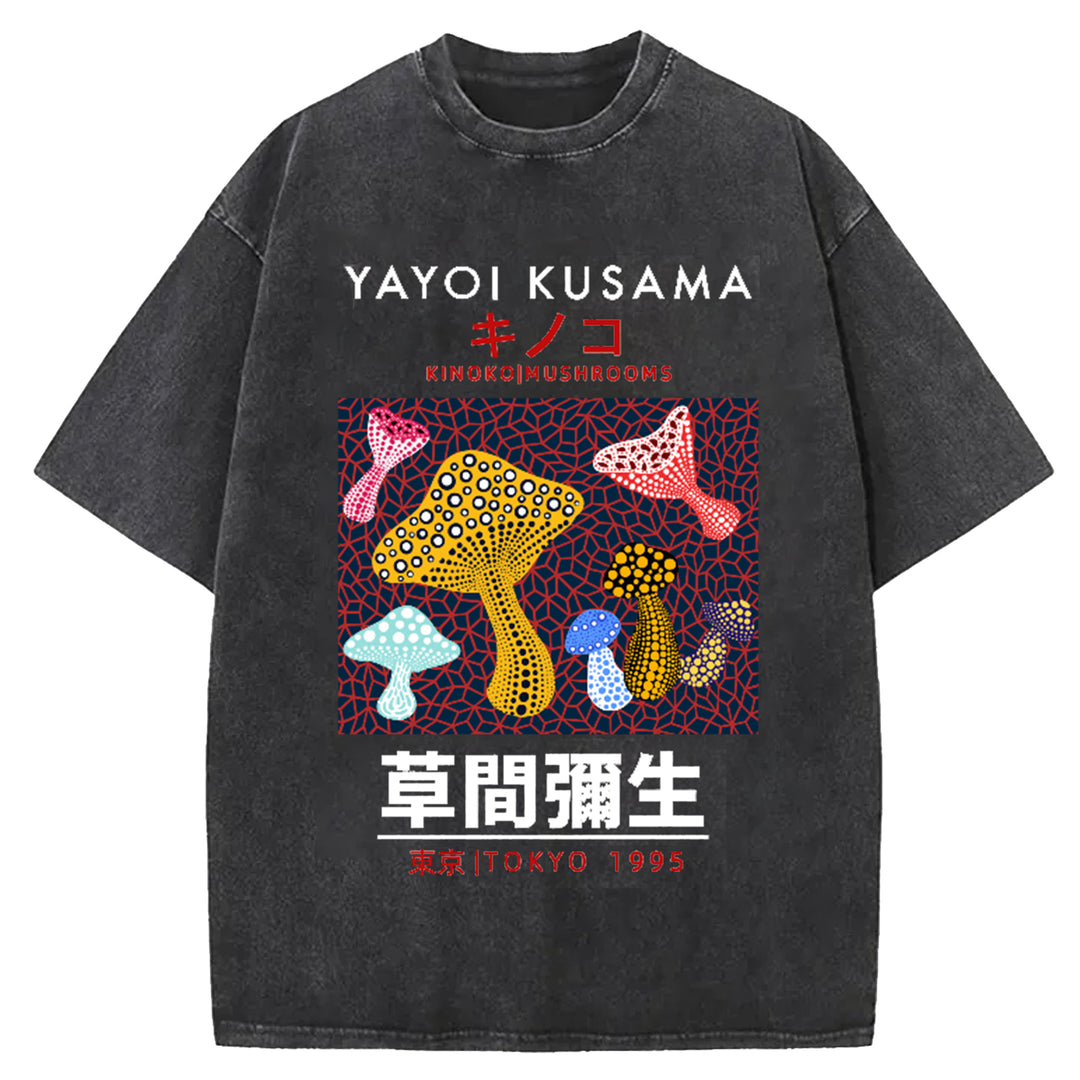 Yayoi Kusama Flower Vintage Japanese Design Washed Crew Neck T-Shirt
