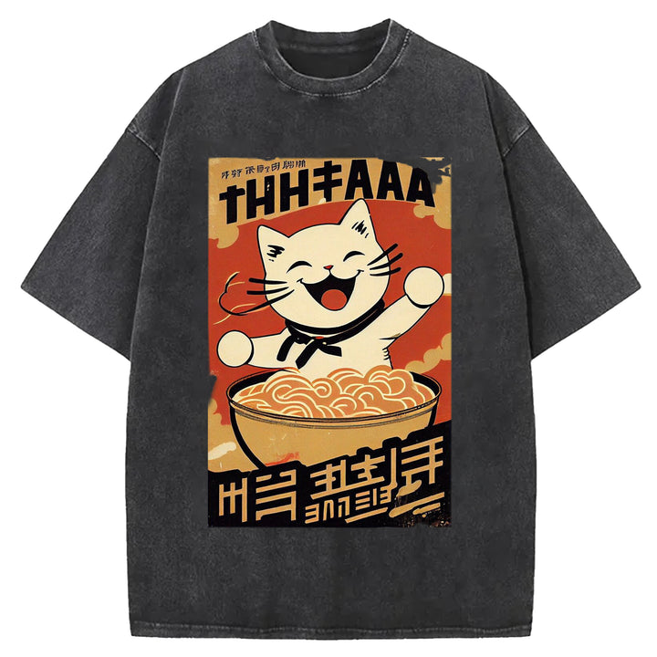 Vintage Japanese Cat Eating Ramen Wash Crew Neck T-Shirt