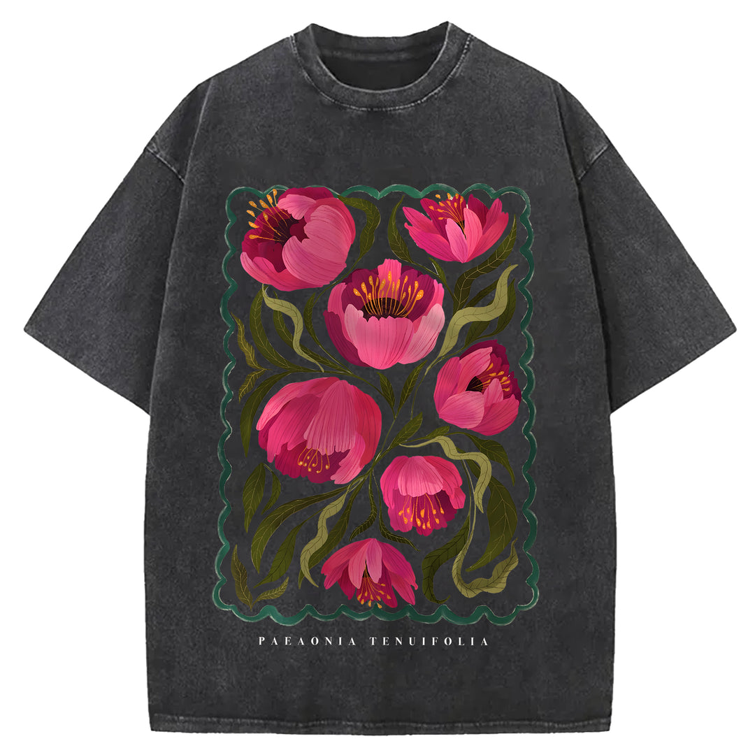 Vintage Flowers Design Washed Crew Neck T-Shirt