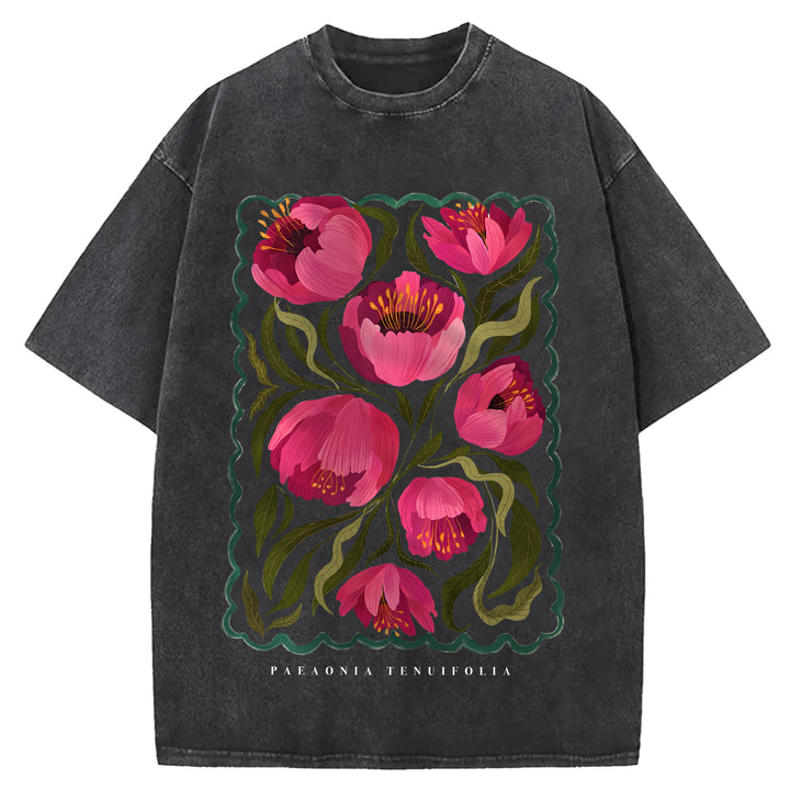 Vintage Flowers Design Washed Crew Neck T-Shirt