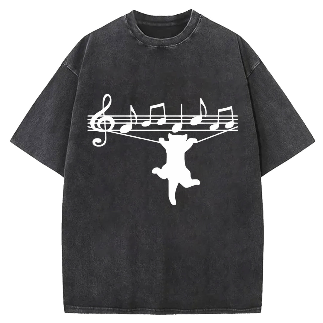 Funny Cat Design Washed Crew Neck T-Shirt