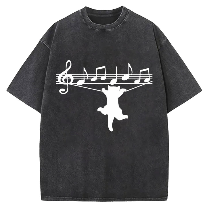 Funny Cat Design Washed Crew Neck T-Shirt