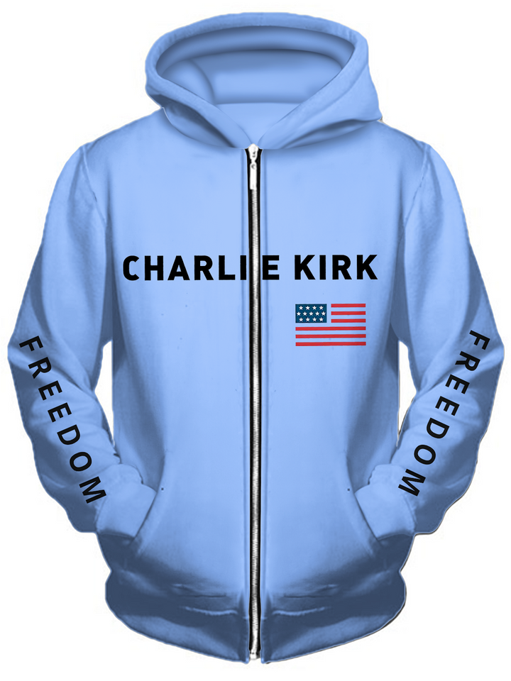 Freedom Charlie Kirk Long Sleeve Pocket Men's Zip Up Hoodies