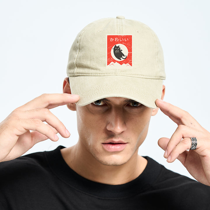 Cute Black Cat Japanese Washed Cap