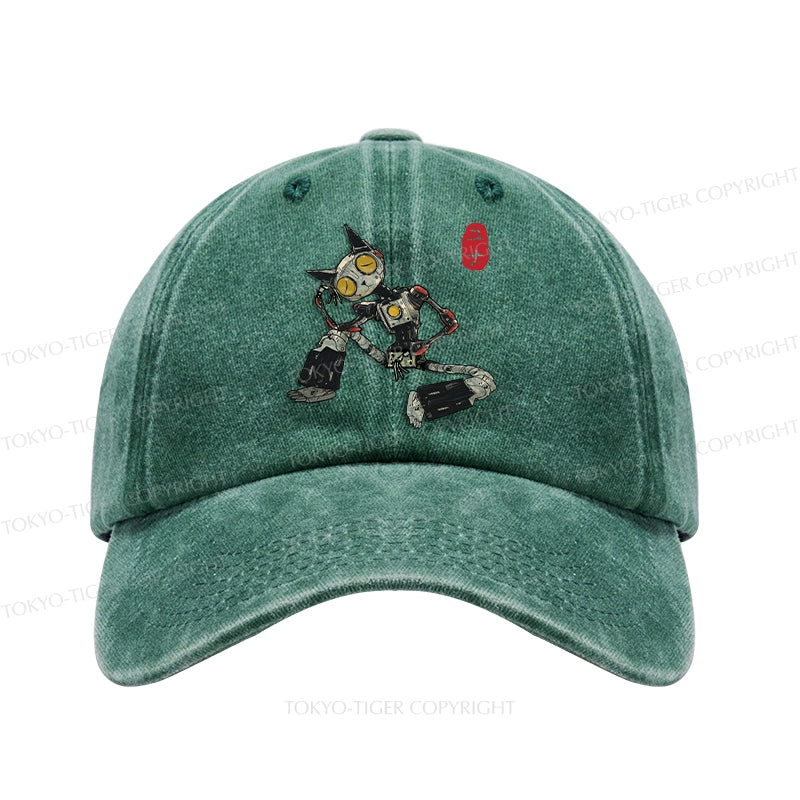 Contemplative Robot Cat Washed Cap