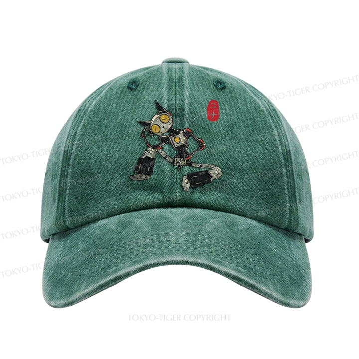 Contemplative Robot Cat Washed Cap