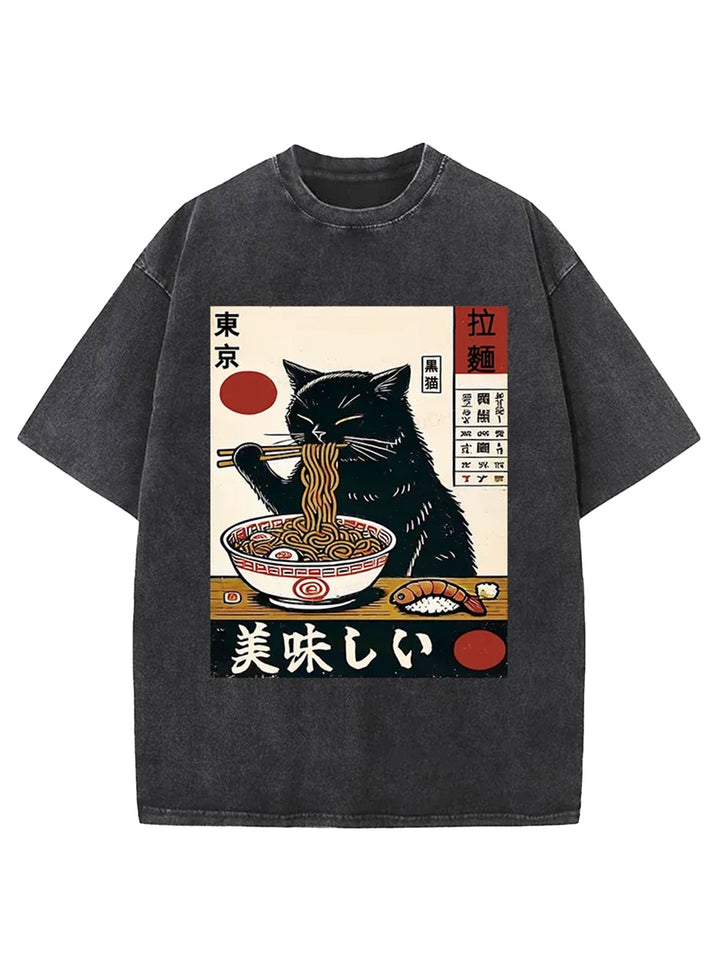 Black Cat Eating Japanese Ramen Washed Crew Neck T-shirt