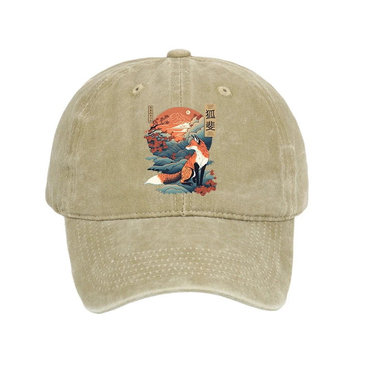 Japanese Kitsune Fox Sakura Washed Cap