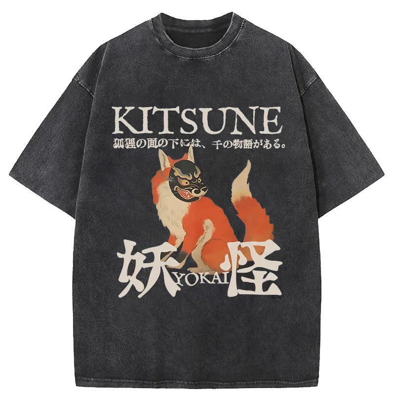 Japanese Fox Yokai Washed Crew Neck T-Shirt