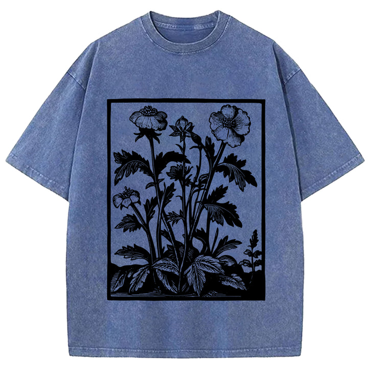 Vintage Flowers Design Washed Crew Neck T-Shirt