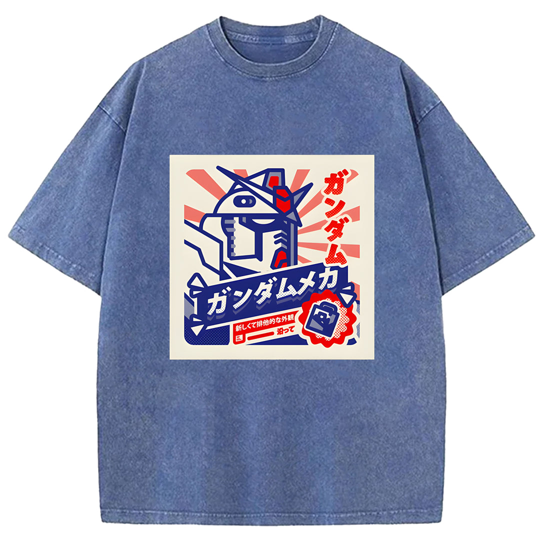 Retro Robot Japanese Design Washed Crew Neck T-Shirt