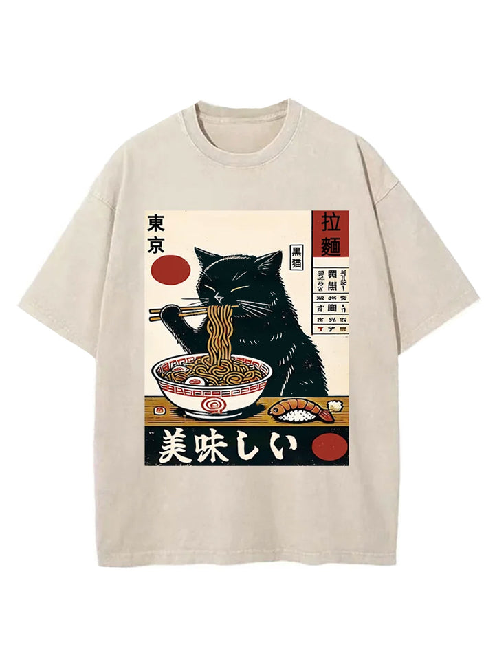 Black Cat Eating Japanese Ramen Washed Crew Neck T-shirt