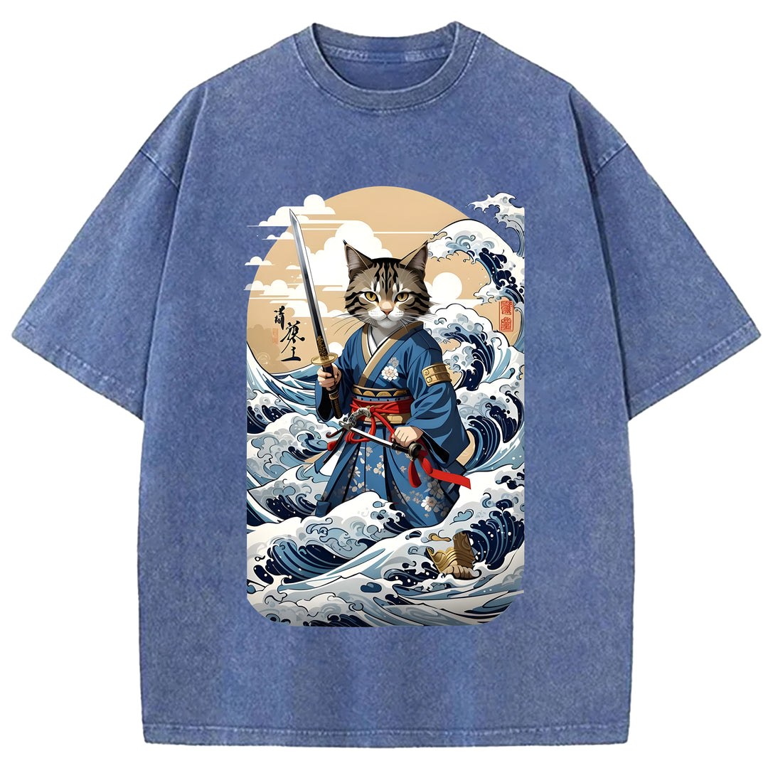Japanese Samurai Cat Washed Crew Neck T-Shirt