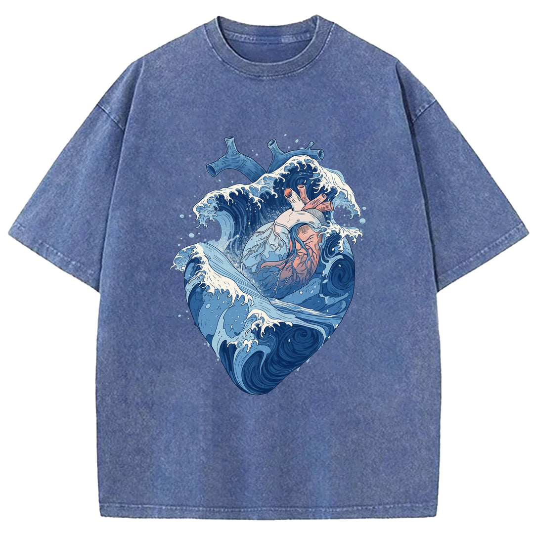 Blue Waves In The Shape Of A Heart Washed Crew Neck T-Shirt