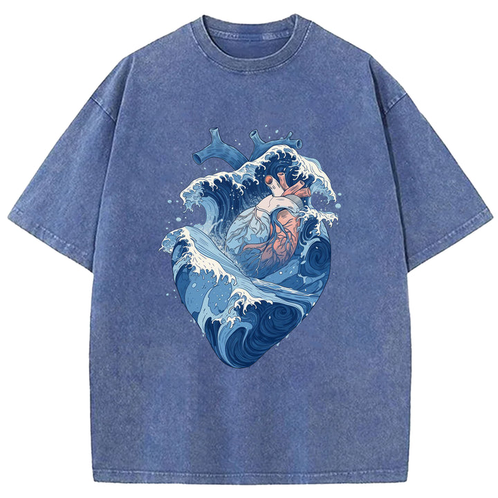 Blue Waves In The Shape Of A Heart Washed Crew Neck T-Shirt
