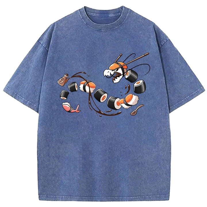 Dragon Shaped Sushi Washed Crew Neck T-Shirt
