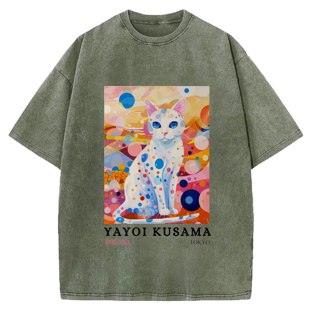 Yayoi Kusama Cat Vintage Washed Crew Neck T-Shirt