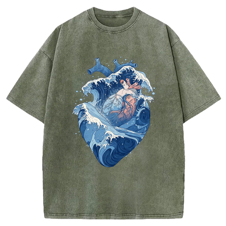 Blue Waves In The Shape Of A Heart Washed Crew Neck T-Shirt