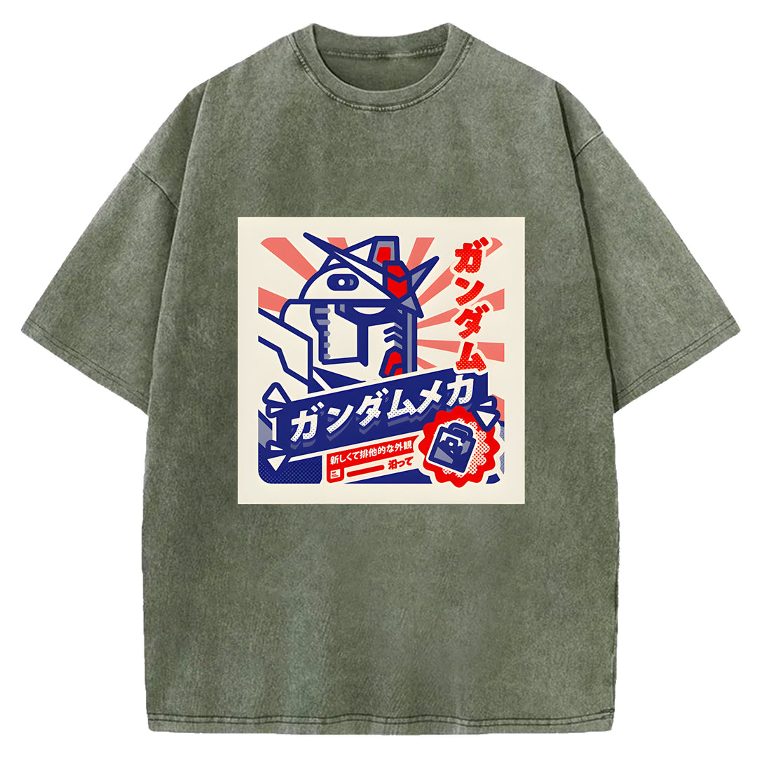 Retro Robot Japanese Design Washed Crew Neck T-Shirt