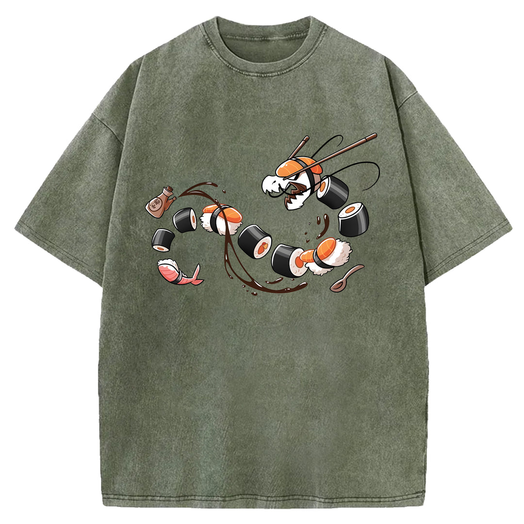 Dragon Shaped Sushi Washed Crew Neck T-Shirt