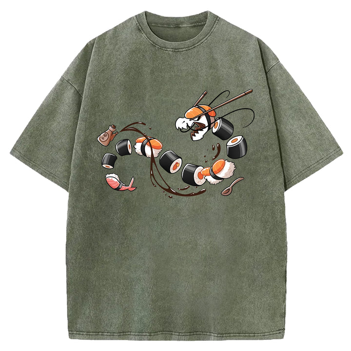 Dragon Shaped Sushi Washed Crew Neck T-Shirt
