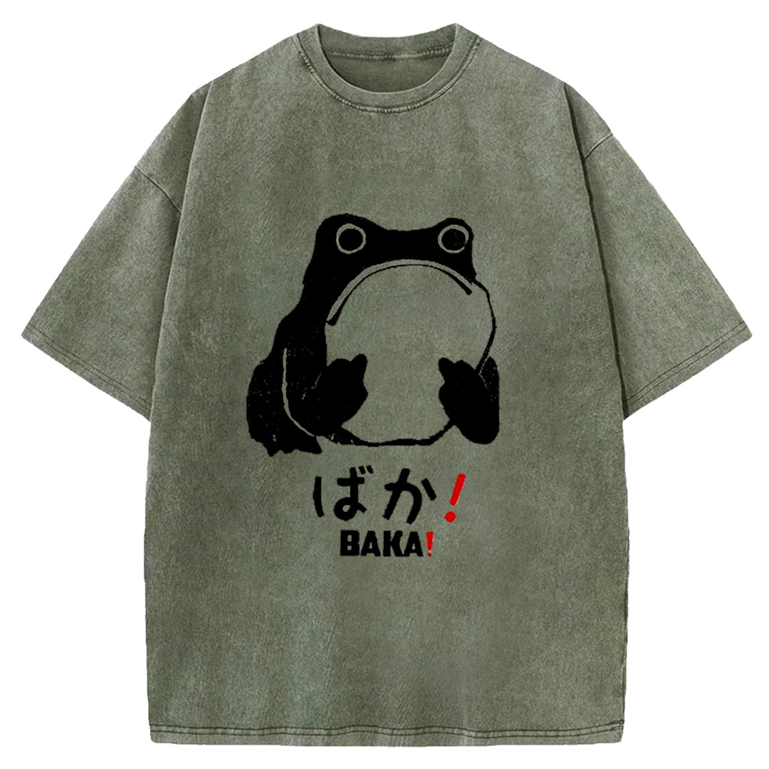Funny Baka Frog Washed Crew Neck T-Shirt