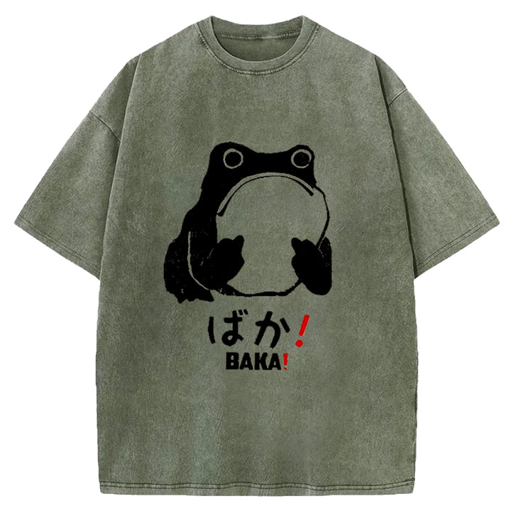 Funny Baka Frog Washed Crew Neck T-Shirt