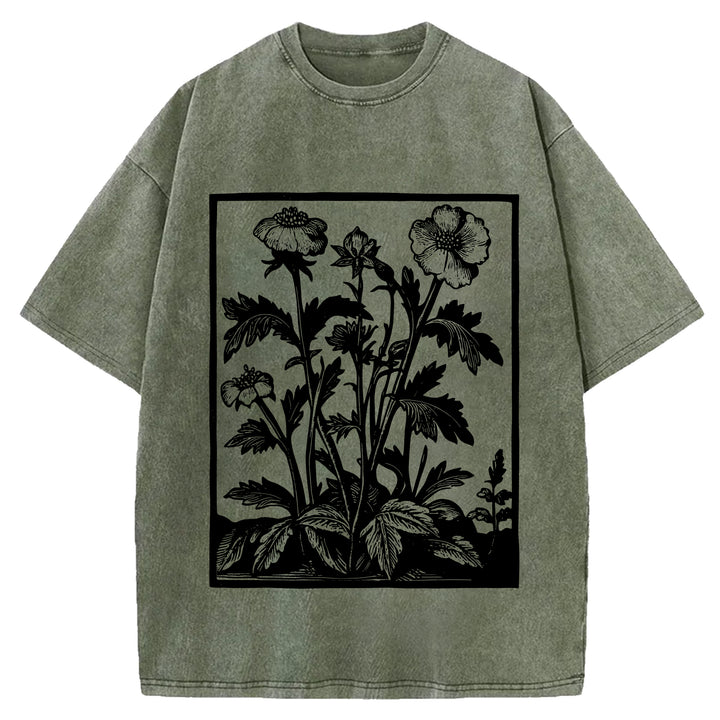 Vintage Flowers Design Washed Crew Neck T-Shirt