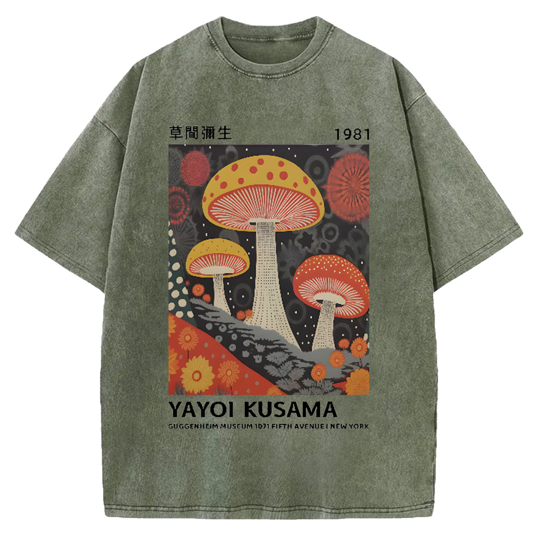 Yayoi Kusama Flower Vintage Japanese Design Washed Crew Neck T-Shirt