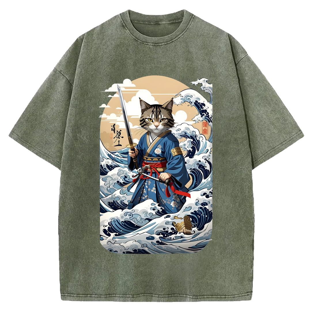 Japanese Samurai Cat Washed Crew Neck T-Shirt