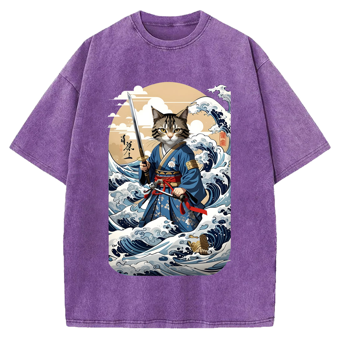 Japanese Samurai Cat Washed Crew Neck T-Shirt