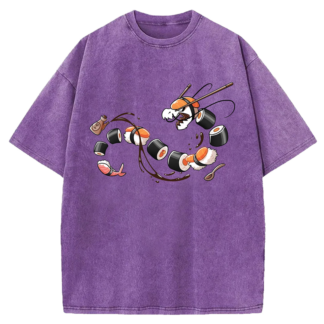 Dragon Shaped Sushi Washed Crew Neck T-Shirt