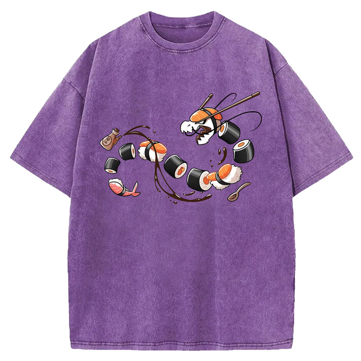 Dragon Shaped Sushi Washed Crew Neck T-Shirt