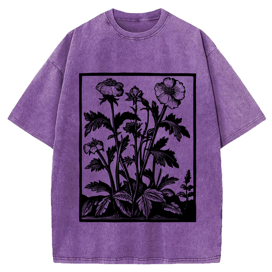 Vintage Flowers Design Washed Crew Neck T-Shirt