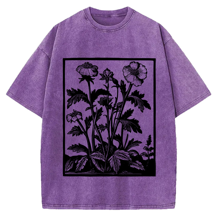 Vintage Flowers Design Washed Crew Neck T-Shirt