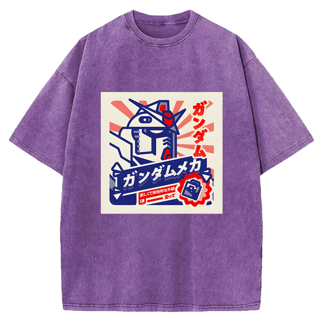 Retro Robot Japanese Design Washed Crew Neck T-Shirt