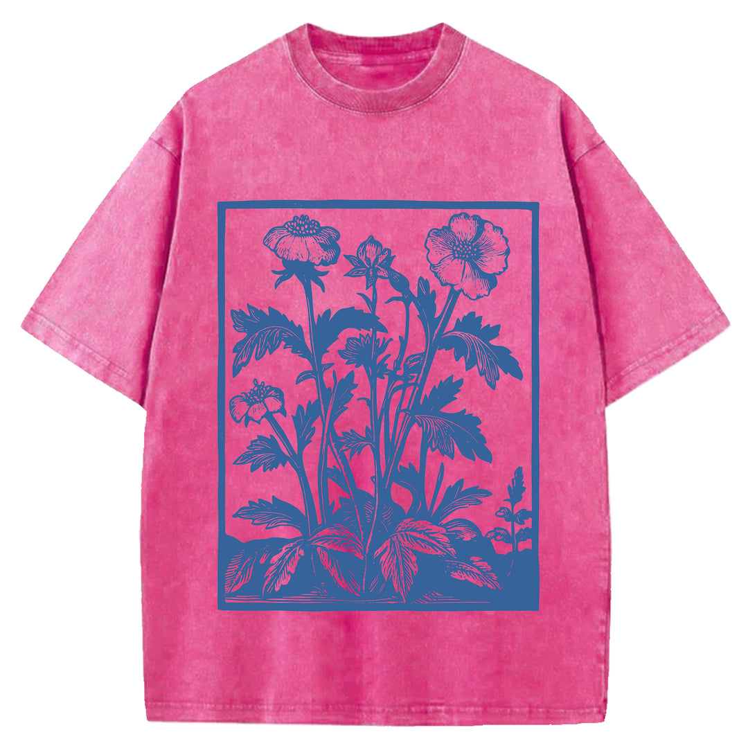 Vintage Flowers Design Washed Crew Neck T-Shirt