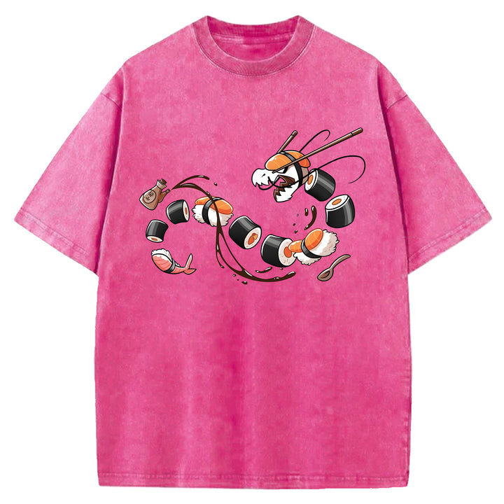 Dragon Shaped Sushi Washed Crew Neck T-Shirt