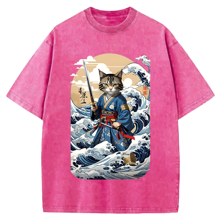 Japanese Samurai Cat Washed Crew Neck T-Shirt