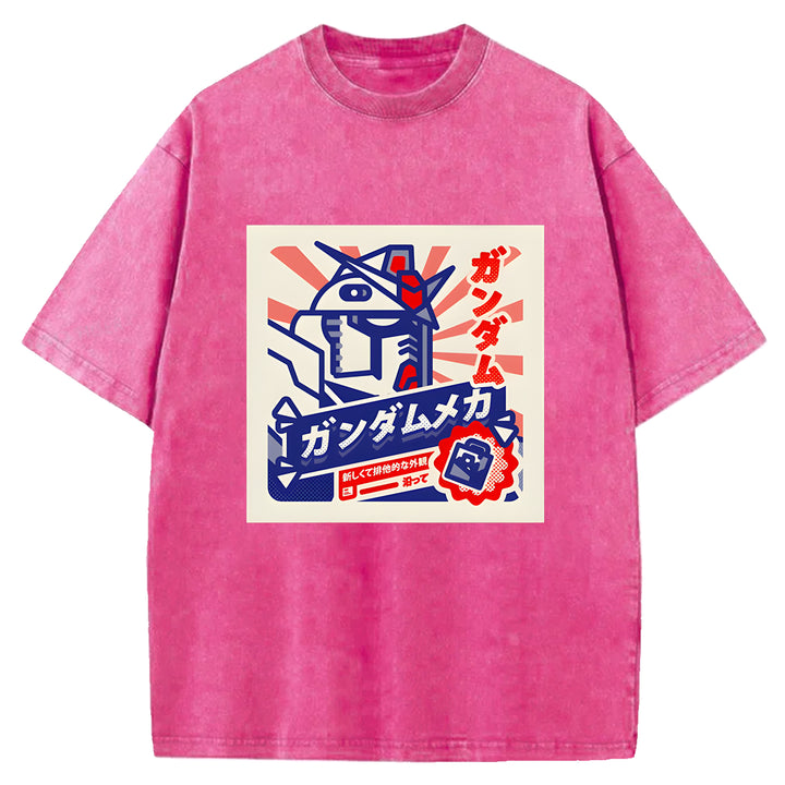 Retro Robot Japanese Design Washed Crew Neck T-Shirt