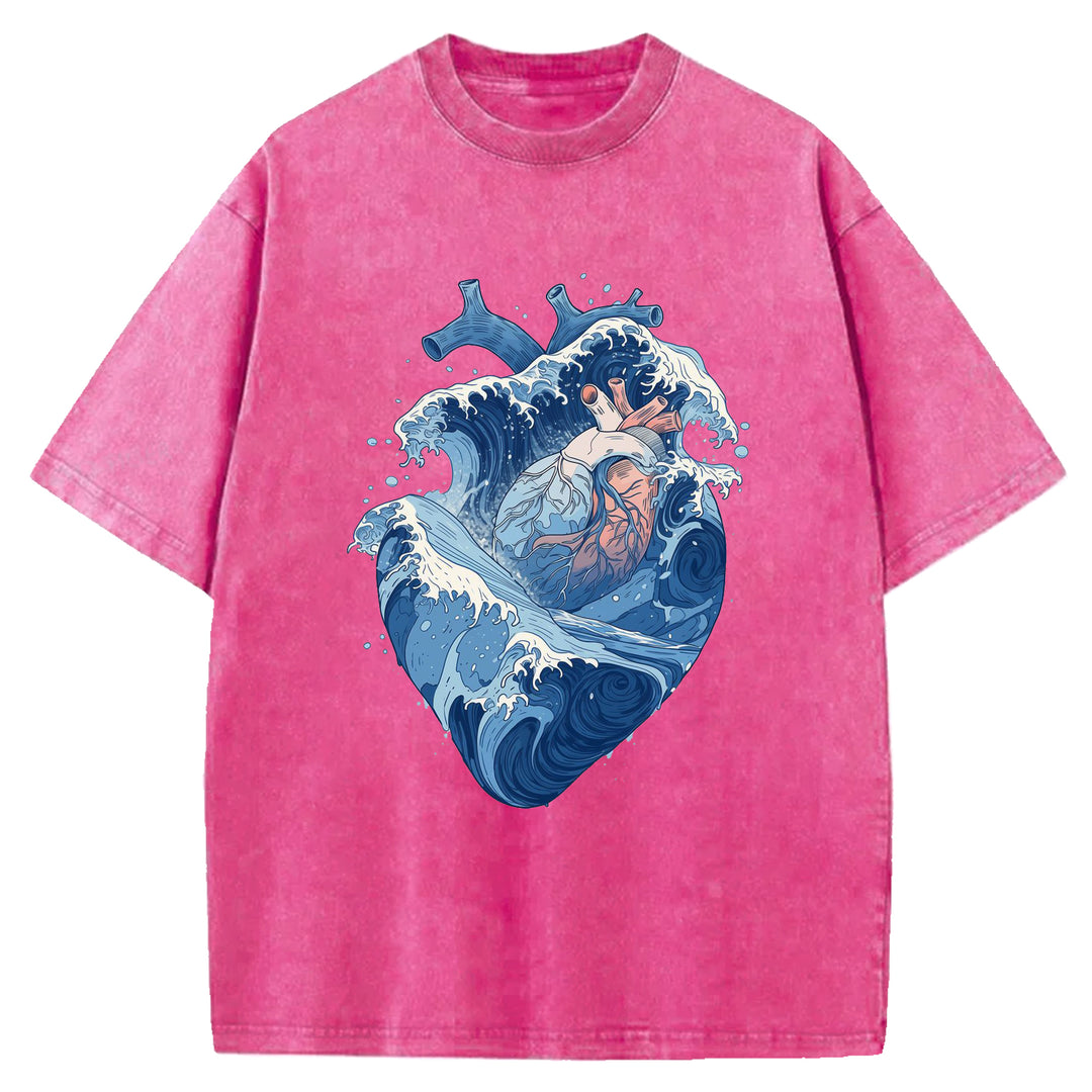 Blue Waves In The Shape Of A Heart Washed Crew Neck T-Shirt
