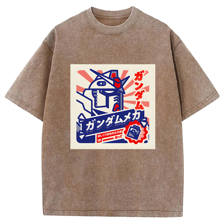Retro Robot Japanese Design Washed Crew Neck T-Shirt