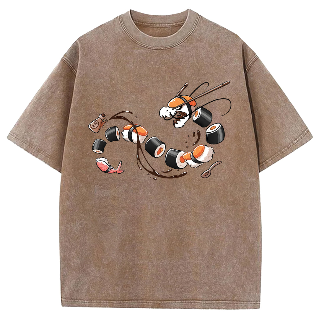 Dragon Shaped Sushi Washed Crew Neck T-Shirt