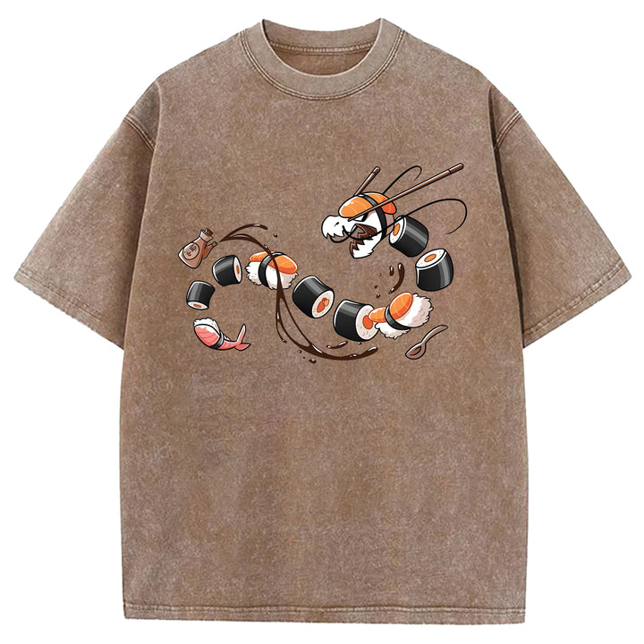 Dragon Shaped Sushi Washed Crew Neck T-Shirt