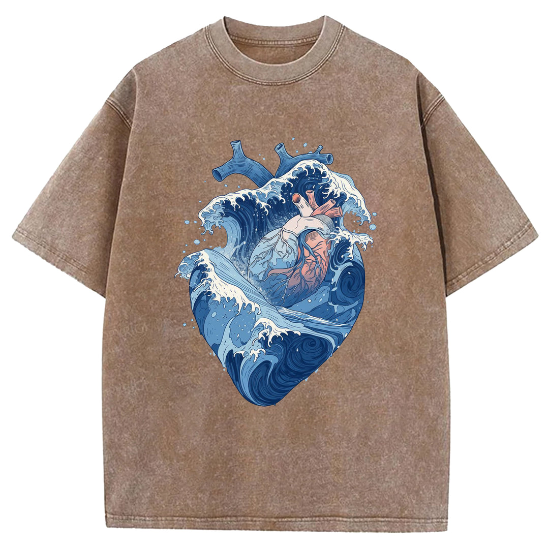 Blue Waves In The Shape Of A Heart Washed Crew Neck T-Shirt