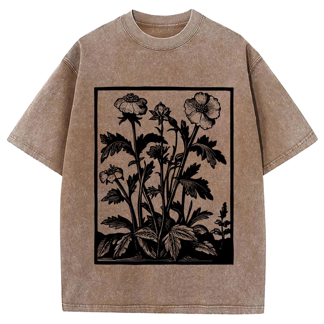 Vintage Flowers Design Washed Crew Neck T-Shirt