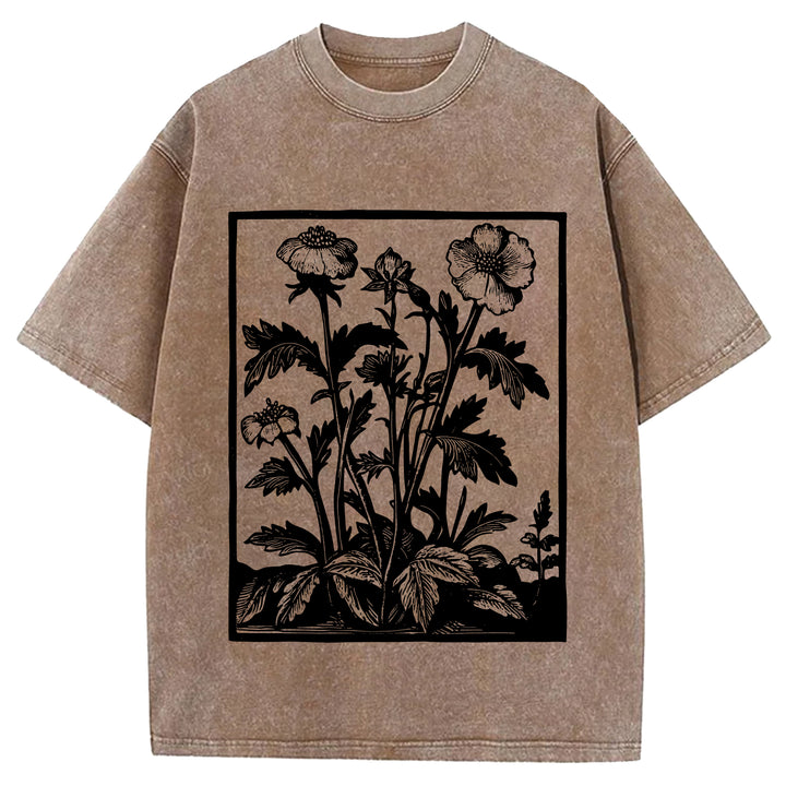 Vintage Flowers Design Washed Crew Neck T-Shirt