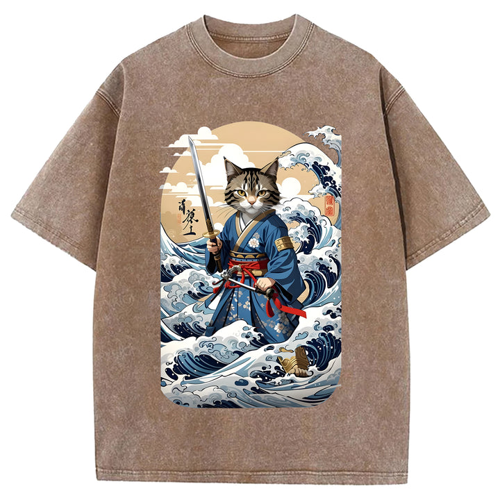 Japanese Samurai Cat Washed Crew Neck T-Shirt