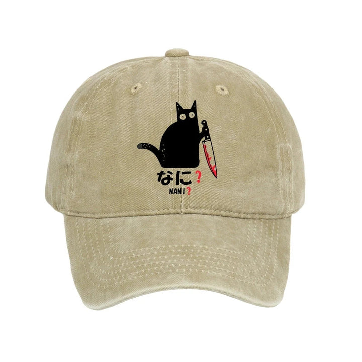 A Puzzled Cat Holding A Knife Washed Cap